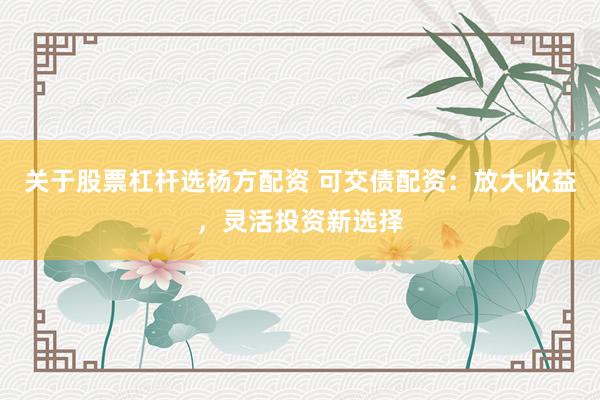 关于股票杠杆选杨方配资 可交债配资：放大收益，灵活投资新选择
